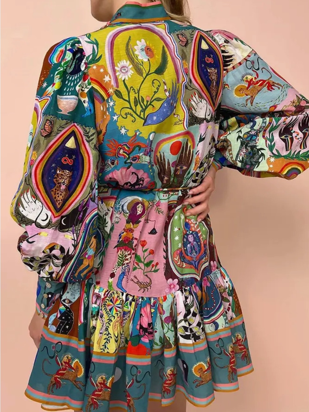 Alemais Whimsical Multicolor Printed Long-Sleeve Button Front Dress - Picture 3 of 6
